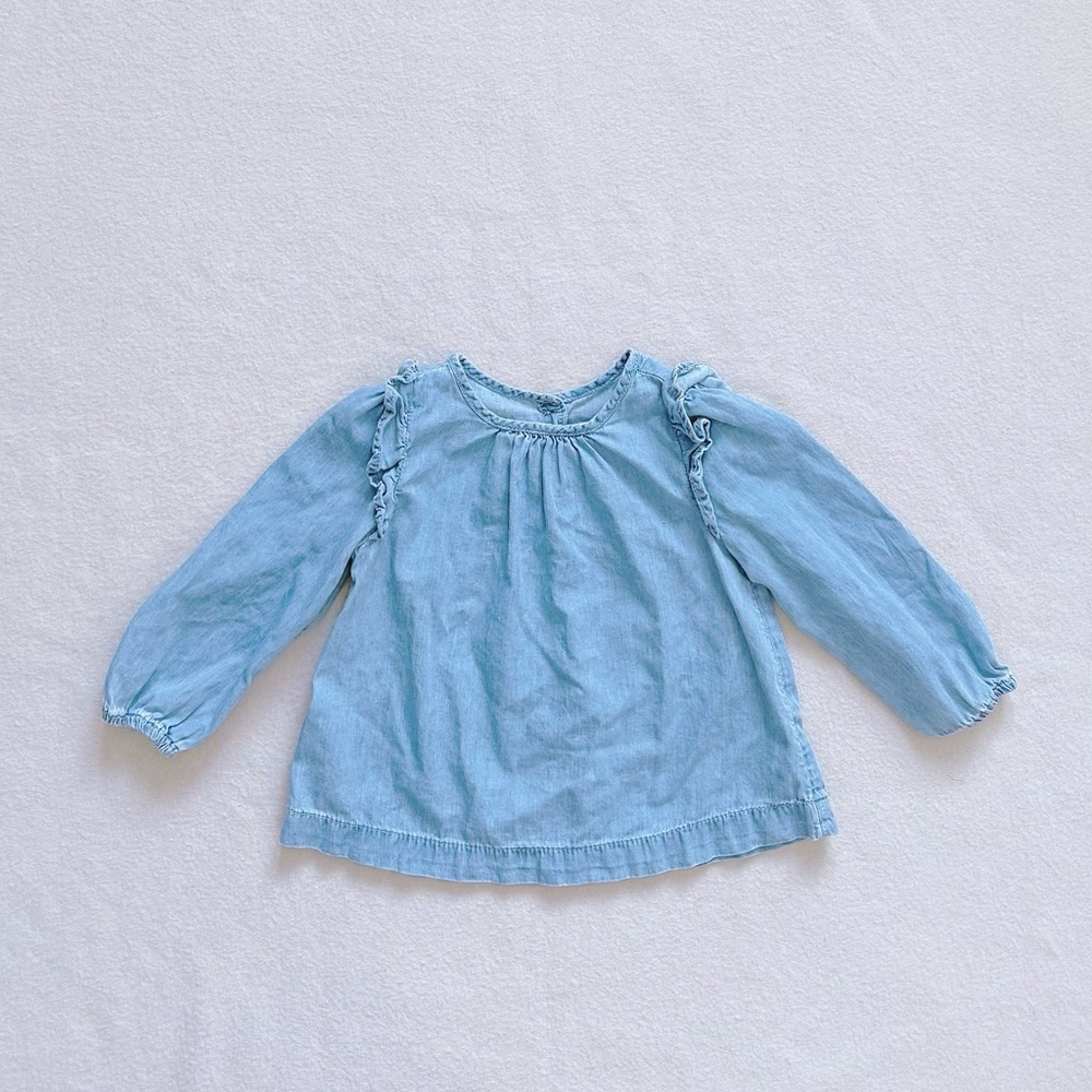 5/$18 Gap Girls Light Blue Chambray Ruffle Long Sleeve Blouse Cotton Swing 2T